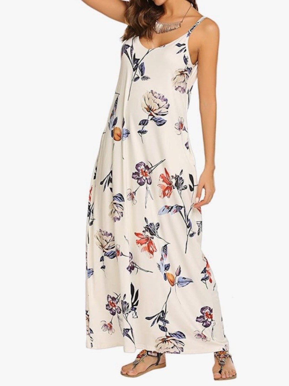 Women’s Cream Floral Maxi Dress - Lightweight Summer Slip Dress - Picture 5 of 10